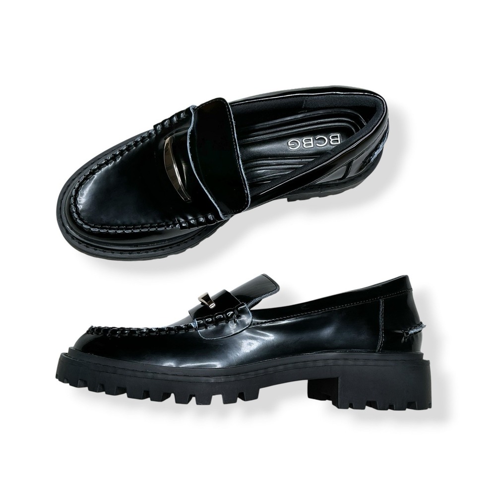 BCBG Loafer Women Size 7M Black Round Toe Faux Leather Chunky Slip On